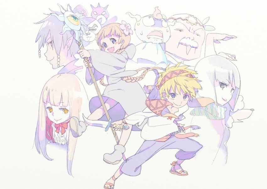 3boys 3girls bandana black_hair blonde_hair blunt_bangs braid brown_hair circlet dagger enkyo_yuuichirou facial_hair flower full_body gipple grey_background hair_flower hair_ornament juju_coo_shnamur knife kukuri_(mahoujin_guruguru) long_hair long_sleeves looking_at_viewer mahoujin_guruguru multiple_boys multiple_girls mustache nike_(mahoujin_guruguru) poodle projected_inset raid_(mahoujin_guruguru) robe runrun_vermeer sandals short_hair simple_background smile staff standing sweat tatejiwa_nezumi twin_braids udberg_eldol weapon
