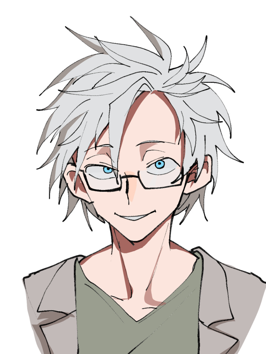 1boy beiquqian blue_eyes chinese_commentary commentary_request cropped_shoulders glasses green_shirt grey_hair grey_jacket grin highres jacket kanou_aogu lapels male_focus notched_lapels open_clothes open_jacket rectangular_eyewear saibou_shinkyoku semi-rimless_eyewear shirt short_hair simple_background smile solo transparent_background v-neck variant_set