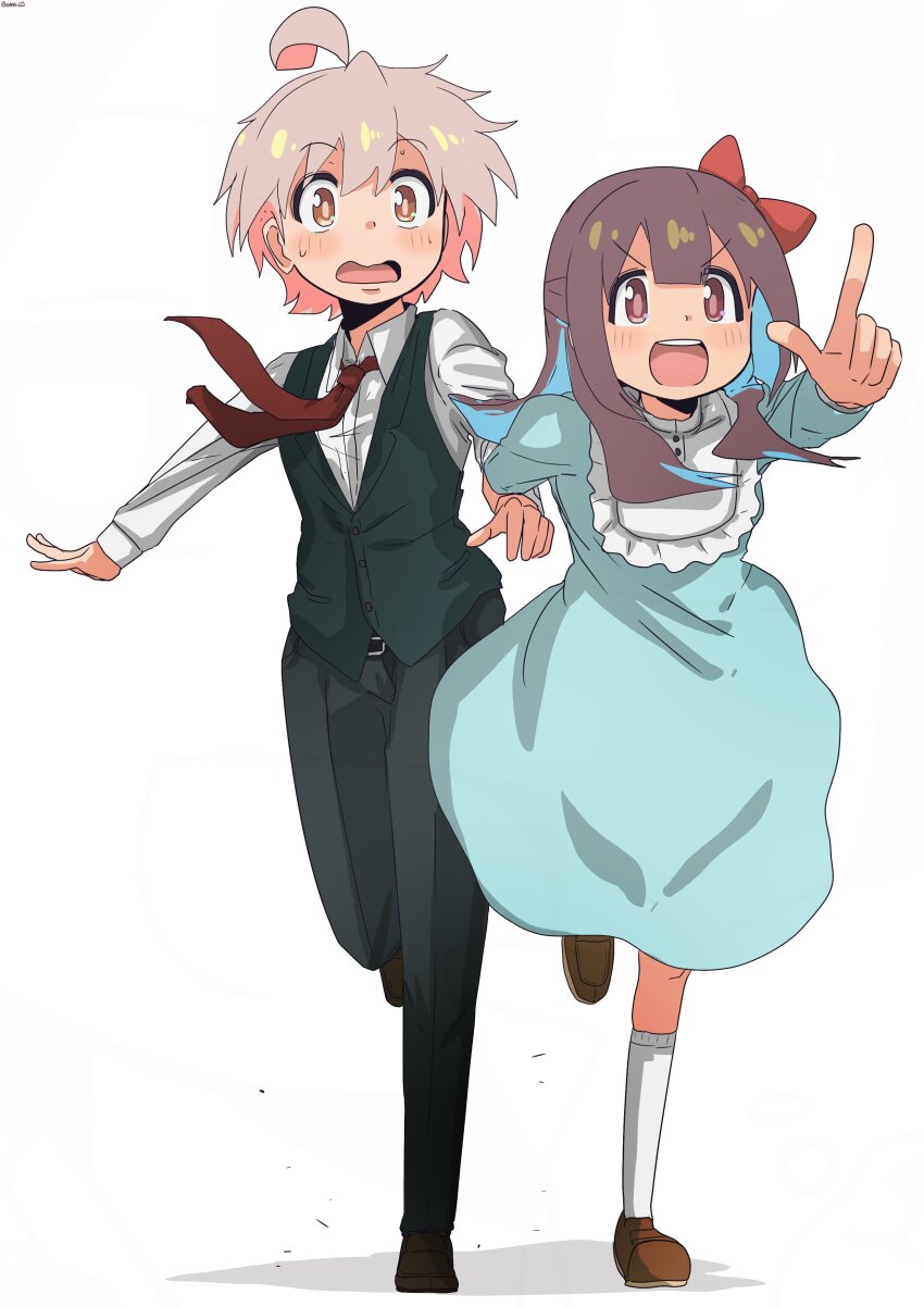 1boy 1girl :d absurdres ahoge alternate_costume alternate_hair_length alternate_hairstyle anime_coloring bambi2000line black_pants black_vest blue_dress blue_hair blunt_bangs bow brown_eyes brown_hair brown_shoes commentary double-parted_bangs dress frilled_shirt_collar frills hair_between_eyes hair_bow half_updo highres holding_another&#039;s_wrist hozuki_momiji long_hair long_sleeves multicolored_hair necktie onii-chan_wa_oshimai! open_mouth oyama_mahiro_(male) pants pink_hair pointing red_bow red_necktie running shirt shoes simple_background smile socks two-tone_hair v-shaped_eyebrows vest white_background white_shirt white_socks wing_collar