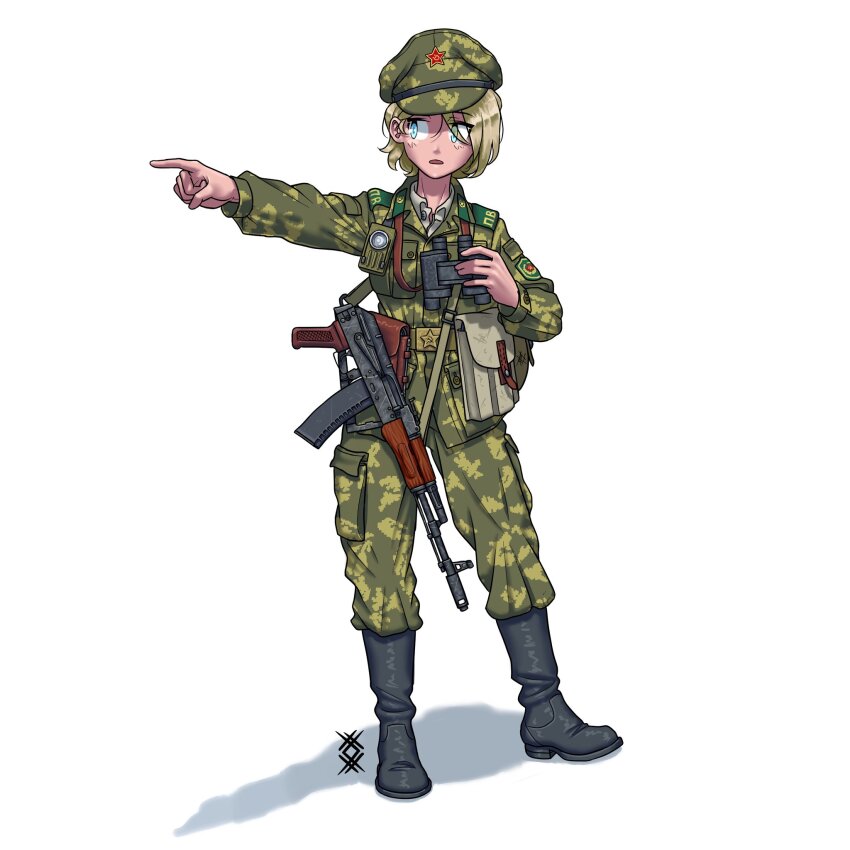 1girl ak-74 aks-74 aqua_eyes artist_logo assault_rifle belt_buckle belt_pouch binoculars black_boots blonde_hair boots buckle camouflage camouflage_headwear camouflage_jacket camouflage_pants cargo_pants censored collar_tabs collared_shirt commentary english_commentary epaulettes eyes_visible_through_hair folding_stock full_body green_hat green_jacket green_pants gun gun_sling hammer_and_sickle hat hat_ornament highres holding holding_binoculars index_finger_raised jacket kalashnikov_rifle kgb logo long_sleeves looking_to_the_side military military_combat_uniform military_fatigues military_hat military_uniform original ostwindprojekt pants parted_lips patch pocket pointing pointing_to_the_side pointless_censoring pouch red_star rifle russian_text shadow shirt short_hair signature simple_background soldier solo soviet soviet_border_troops standing star_(symbol) star_hat_ornament translated weapon white_background white_shirt