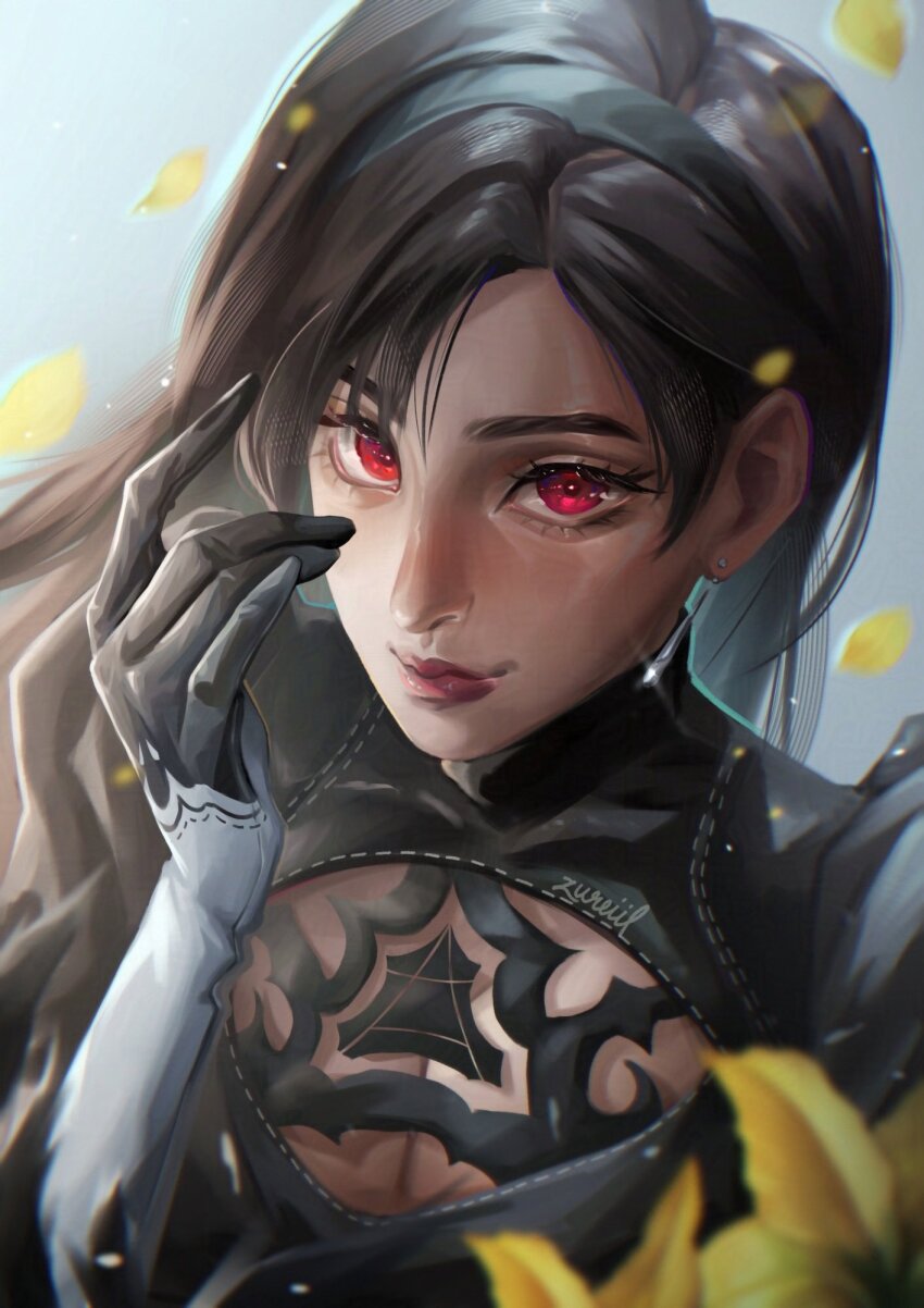 1girl 2b_(nier:automata) 2b_(nier:automata)_(cosplay) artist_name black_dress black_gloves black_hair black_hairband breasts cleavage cleavage_cutout closed_mouth clothing_cutout commentary company_connection cosplay dress earrings eyelashes falling_petals final_fantasy final_fantasy_vii final_fantasy_vii:_ever_crisis flower glint gloves hair_behind_ear hairband hand_up highres jewelry juliet_sleeves lips long_hair long_sleeves looking_at_viewer nier:automata nier_(series) official_alternate_costume petals puffy_sleeves red_eyes single_earring solo teardrop_earrings tifa_lockhart tifa_lockhart_(battler_ensemble) turtleneck turtleneck_dress upper_body yellow_flower yellow_petals zureiil