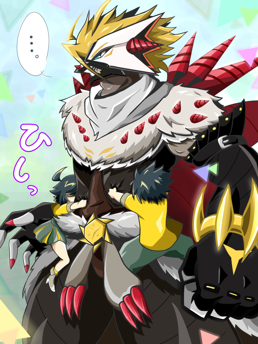 absurdres armor black_hair blonde_hair claws digimon digimon_(creature) digimon_rearise female_protagonist_(digimon_rearise) highres hug male_protagonist_(digimon_rearise) multicolored_hair rasenmon short_hair