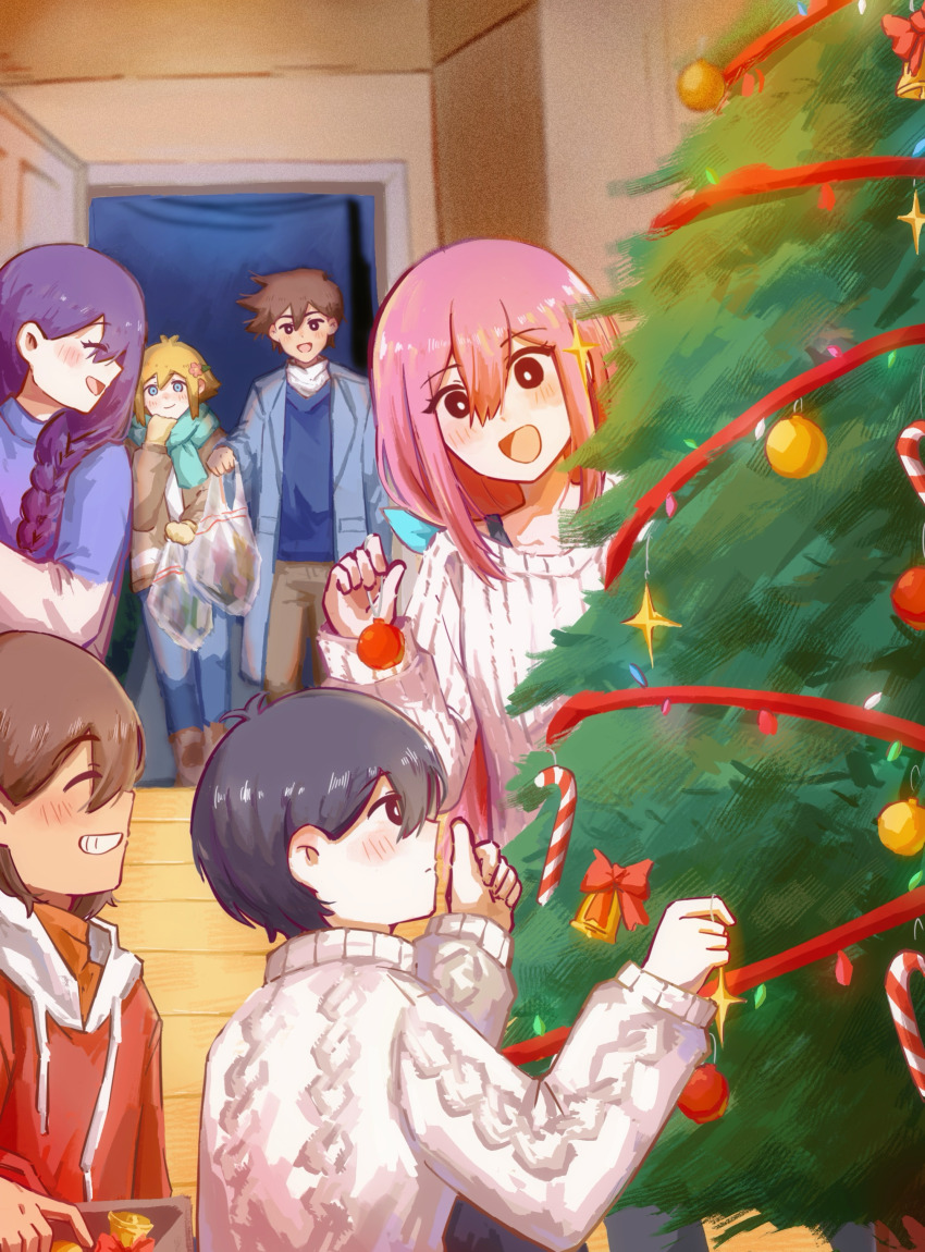 2girls 4boys absurdres alternate_costume alternate_hairstyle antenna_hair aubrey_(faraway)_(omori) aubrey_(omori) bag bailan1130 basil_(faraway)_(omori) basil_(omori) black_eyes black_hair blonde_hair blue_coat blue_eyes blue_ribbon blue_sweater blush bra_strap braid bright_pupils brother_and_sister brothers brown_coat brown_eyes brown_hair brown_pants candy candy_cane christmas_ornaments christmas_tree closed_eyes closed_mouth coat dark-skinned_male dark_skin decorating_christmas_tree denim flower food green_scarf grin hair_flower hair_ornament hair_ribbon hero_(faraway)_(omori) hero_(omori) highres holding holding_bag hood hoodie indoors jeans kel_(faraway)_(omori) kel_(omori) long_hair long_sleeves looking_at_another low_twin_braids mari_(faraway)_(omori) mari_(omori) multiple_boys multiple_girls omori open_mouth pants parted_lips pink_hair plastic_bag purple_hair red_hoodie ribbed_sweater ribbon scarf short_hair siblings smile sunny_(omori) sweater teeth twin_braids white_pupils white_sweater