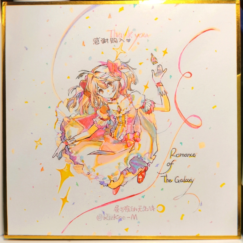 1girl absurdres ahoge artist_name bow bow_choker bubble_skirt center_frills chest_jewel chinese_commentary choker circle_skirt closed_mouth collarbone commentary_request confetti dot_nose dress dress_bow eyelashes frilled_dress frilled_skirt frilled_sleeves frilled_socks frills full_body gem gloves hair_between_eyes hair_bow hair_intakes high_heels highres jumping kaname_madoka kneehighs looking_at_viewer magical_girl mahou_shoujo_madoka_magica mahou_shoujo_madoka_magica_(anime) miniskirt object_floating_above_hand pink_bow pink_dress pink_eyes pink_gemstone pink_hair puffy_short_sleeves puffy_sleeves pumps red_bow red_choker red_shoes riko-m shoes short_dress short_hair short_sleeves short_twintails skirt skirt_under_dress smile socks solo soul_gem sparkle square_neckline streamers tareme thank_you traditional_media twintails white_background white_gloves white_skirt white_sleeves white_socks