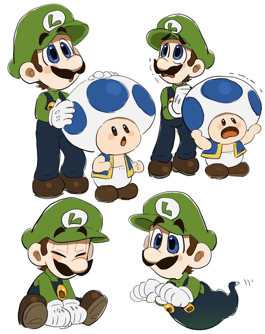 2boys blue_eyes blue_overalls blue_toad_(mario) brown_hair facial_hair ghost_tail gloves green_shirt hat highres luigi male_focus mario_(series) mimimi_(mimimim9999) multiple_boys multiple_persona mustache nintendo overalls shirt short_hair white_gloves