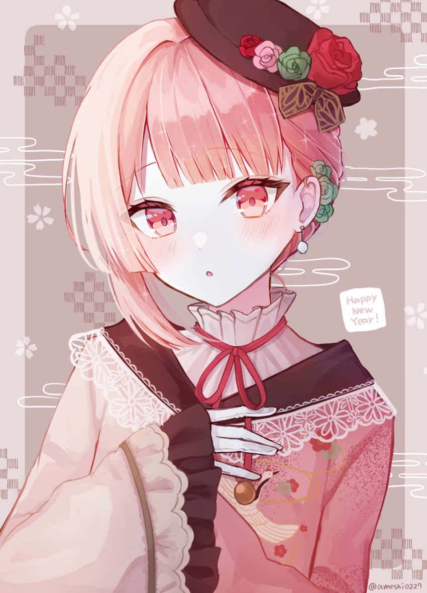 1other akiyama_mizuki asymmetrical_hair atelierirrlicht blunt_ends blush border brown_background brown_hat center-flap_bangs ear_piercing earrings floral_print floral_print_kimono flower frilled_sleeves frills from_side gloves green_flower green_rose hair_behind_ear hair_flower hair_ornament hand_up happy_new_year hat highres japanese_clothes jewelry kawaranu_atatakasa_no_tonari_de_(project_sekai) kimono lace lace-trimmed_kimono lace_trim long_sleeves neck_ribbon new_year official_alternate_costume official_alternate_hair_length official_alternate_hairstyle other_focus outside_border parted_lips piercing pink_eyes pink_flower pink_hair pink_rose print_kimono project_sekai red_flower red_ribbon red_rose ribbon rose simple_background solo upper_body white_gloves wide_sleeves
