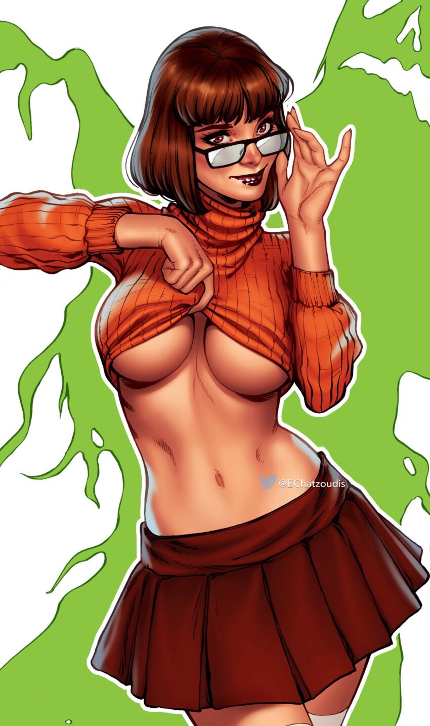1girl artist_name breasts brown_eyes brown_hair clothes_lift elias_chatzoudis glasses highres large_breasts looking_at_viewer miniskirt navel orange_sweater pleated_skirt red_skirt ribbed_sweater scooby-doo short_hair skirt solo sweater sweater_lift twitter_logo twitter_username underboob velma_dinkley watermark