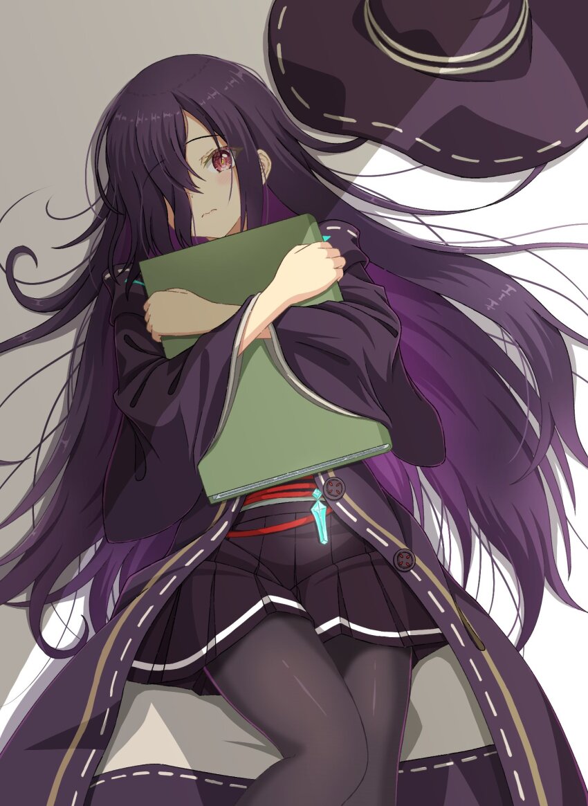 1girl birthday black_hair black_pantyhose black_robe black_skirt book hat heaven_burns_red highres long_hair long_sleeves lying mochimugi_rice on_back one_eye_covered pantyhose red_eyes robe skirt solo tenne_miko very_long_hair witch_hat
