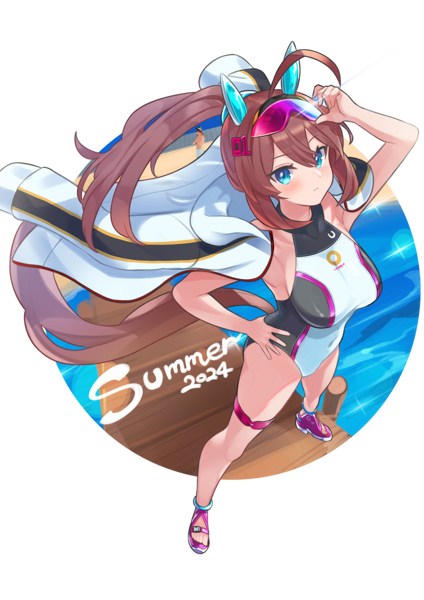 1girl 2024 absurdres animal_ears blue_eyes brown_hair casual_one-piece_swimsuit dock ear_covers eyewear_on_head hand_on_own_hip highres horse_ears horse_girl horse_tail jacket jacket_on_shoulders long_hair mihono_bourbon_(umamusume) multicolored_swimsuit one-piece_swimsuit pier solo sunglasses swimsuit tail toeless_footwear umamusume white_jacket white_one-piece_swimsuit yokoji_(kodai2015)