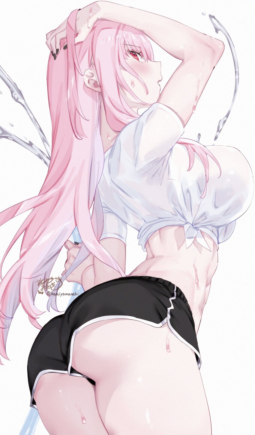 1girl absurdres ass black_nails black_shorts blush breasts commentary english_commentary fingernails hand_on_own_head highres hololive hololive_english kamiya_maneki large_breasts long_hair median_furrow mori_calliope nail_polish pink_eyes pink_hair shirt short_sleeves shorts signature simple_background solo thighs twitter_username virtual_youtuber white_background white_shirt