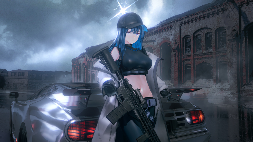 1girl absurdres assault_rifle baseball_cap black_gloves black_hat black_pants black_shirt blue_archive blue_hair bugatti bugatti_eb_110 car cloud cloudy_sky coat crop_top gloves gun halo hat highres holding holding_gun holding_weapon long_hair looking_at_viewer motor_vehicle navel no_mask outdoors pants purple_eyes rifle saori_(blue_archive) seymour_(sai_lu_er) shirt sig_516 sky solo spoiler_(automobile) stomach weapon white_coat