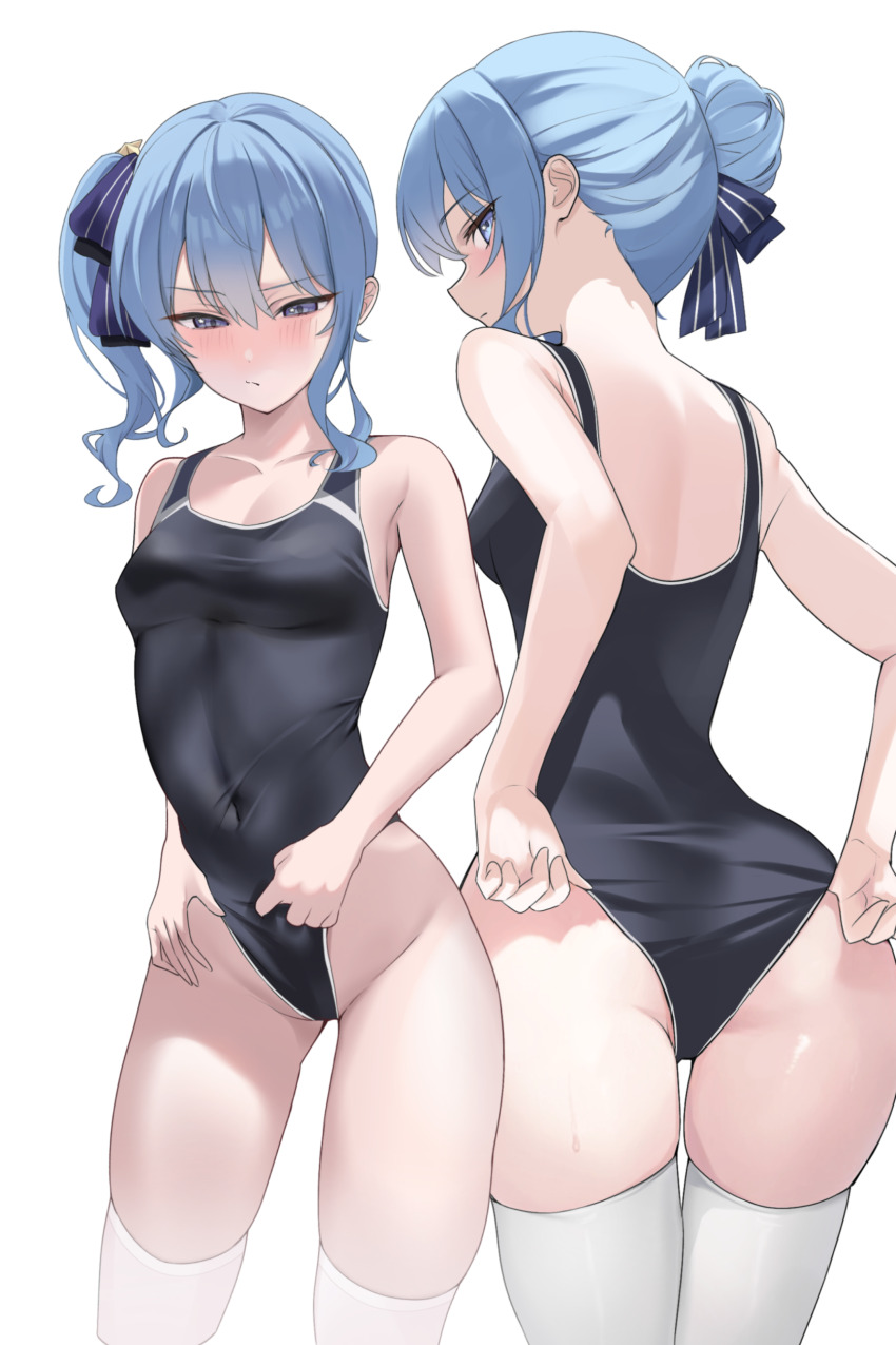 1girl absurdres adjusting_clothes adjusting_swimsuit ass black_one-piece_swimsuit blue_eyes blue_hair blush breasts commentary covered_navel fawny hair_bun highres hololive hoshimachi_suisei looking_at_viewer multiple_views one-piece_swimsuit side_ponytail simple_background small_breasts star_(symbol) star_in_eye swimsuit symbol_in_eye thighhighs virtual_youtuber white_background white_thighhighs