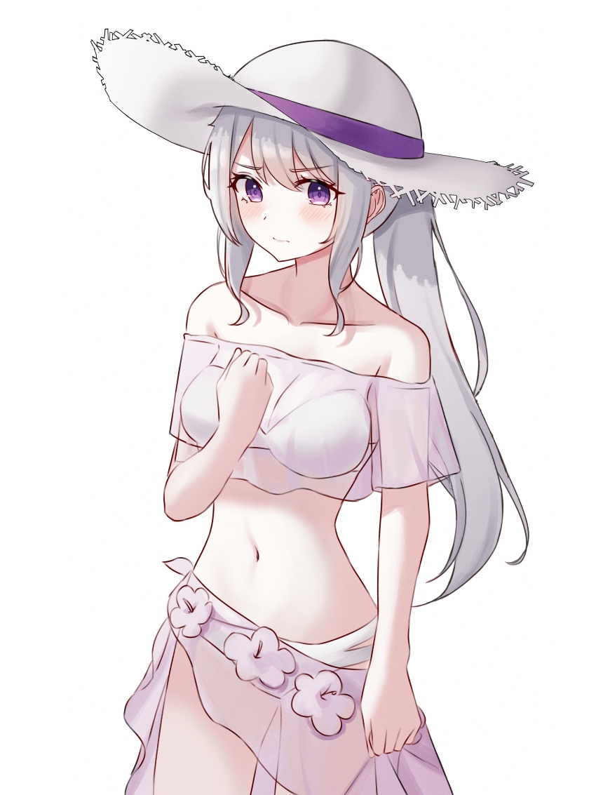 1girl arm_at_side bare_shoulders bikini blush breasts cleavage closed_mouth collarbone cowboy_shot embarrassed flower grey_hair hair_between_eyes hand_on_own_chest hand_up hat hat_ribbon kano_(wi3028) long_hair looking_at_viewer medium_breasts multi-strapped_bikini_bottom navel off-shoulder_bikini off_shoulder original ponytail purple_eyes purple_flower purple_sarong ribbon sarong see-through_clothes see-through_sarong short_sleeves sidelocks simple_background solo standing sun_hat swept_bangs swimsuit v-shaped_eyebrows white_background white_bikini white_hat