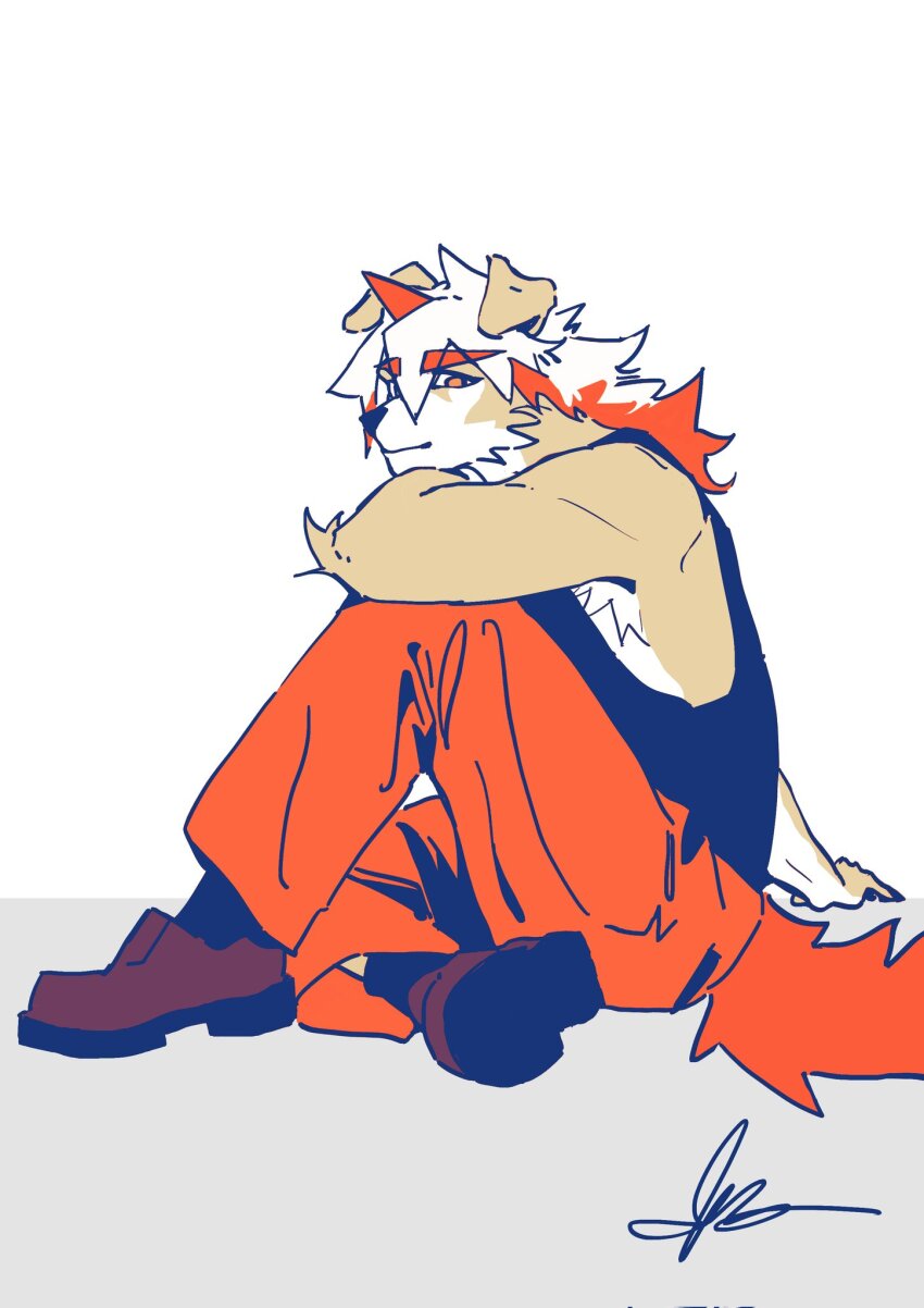1boy arknights black_shirt black_tank_top brown_shoes closed_mouth colored_tips commentary dragon_boy english_commentary highres horns hung_(arknights) komainu_boy komainu_ears komainu_tail looking_at_viewer male_focus multicolored_hair orange_pants pants shirt shoes signature single_horn sitting sleeveless sleeveless_shirt smile tank_top white_background x_zizizi