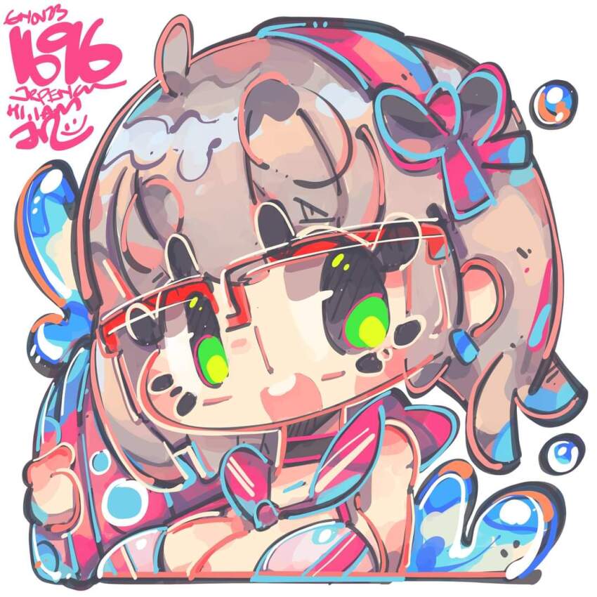 1girl :d bikini blush_stickers chibi dated goddess_of_victory:_nikke green_eyes jrpencil long_hair neon_(blue_ocean)_(nikke) neon_(nikke) official_alternate_costume one-piece_swimsuit open_mouth pink_bikini pink_sailor_collar sailor_collar signature smile solo swimsuit white_bikini white_hair