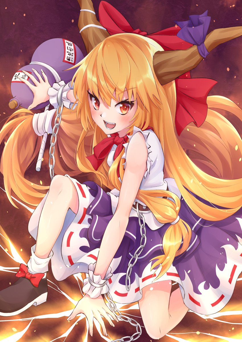 1girl :d absurdres arm_between_legs back_bow black_footwear blush bobby_socks bow chain commentary crack cracked_floor excited eyelashes fang fighting_stance fingernails flat_chest footwear_bow frilled_cuffs full_body glowing_cracks gourd hair_between_eyes hair_spread_out highres holding holding_gourd horns ibuki_suika legs light_particles long_hair looking_at_viewer on_one_knee oni oni_horns open_mouth orange_eyes orange_hair purple_ribbon purple_skirt ramie_(ramie541) red_bow red_ribbon ribbon shirt sidelocks simple_background skirt sleeveless sleeveless_shirt smile socks solo teeth torn_clothes torn_shirt touhou v-shaped_eyebrows very_long_hair white_shirt white_socks white_wrist_cuffs wrist_cuffs