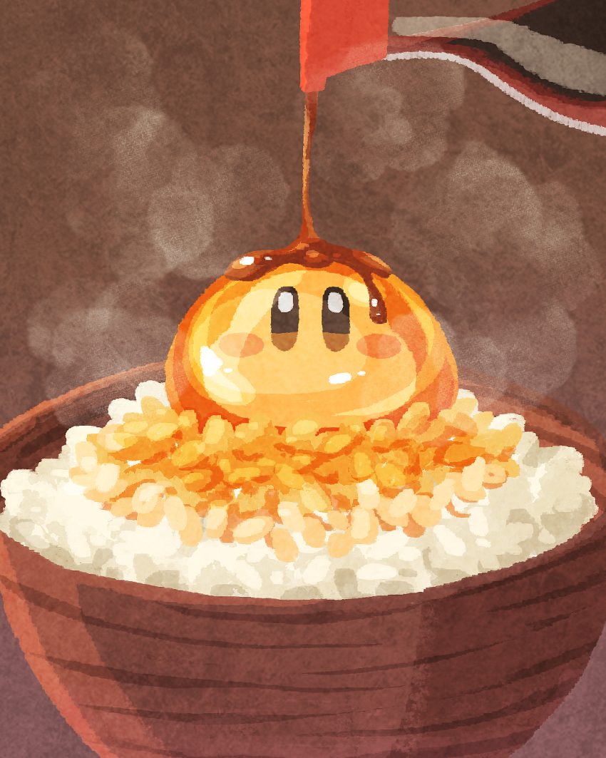 blush brown_eyes egg_yolk food food_focus foodification highres kirby_(series) miclot nintendo no_humans pouring rice soy_sauce soy_sauce_bottle tamagokake_gohan waddle_dee wooden_bowl