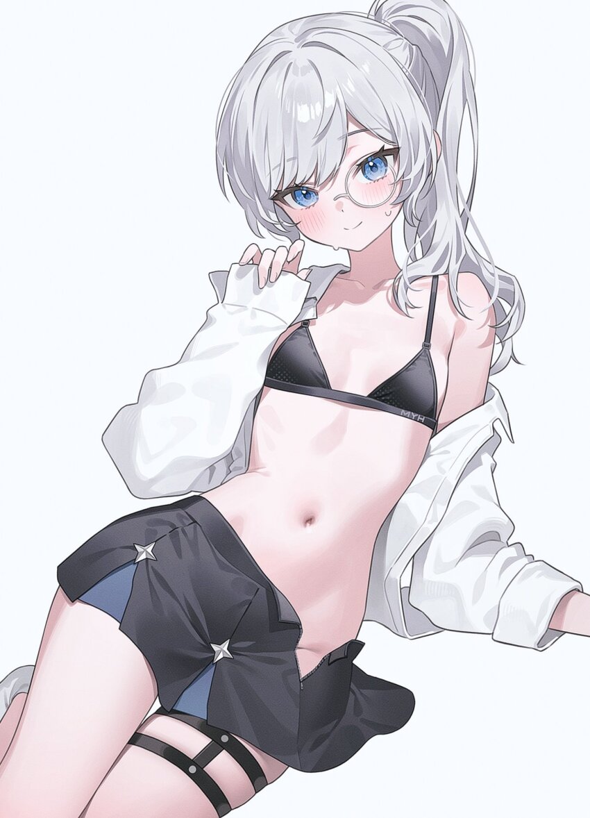 1girl black_bra black_skirt blue_eyes blush bra breasts fymrie highres long_hair monocle navel open_clothes open_shirt original ponytail shirt simple_background skirt small_breasts smile solo sweatdrop underwear white_background white_hair white_shirt