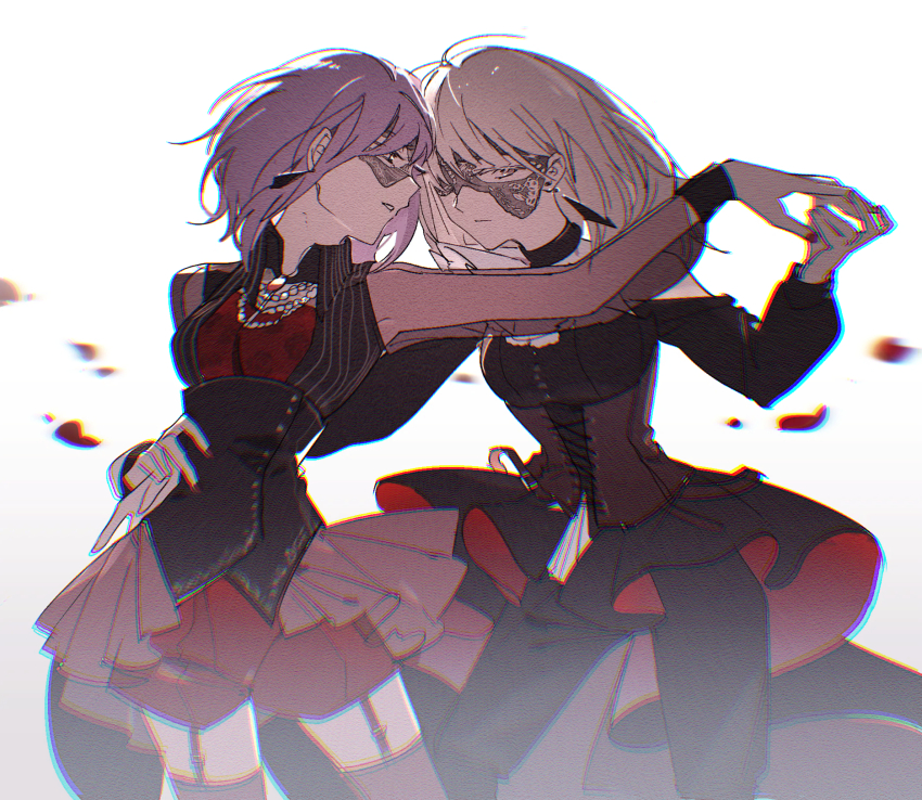 2girls amoris_(bang_dream!) bang_dream! bang_dream!_it&#039;s_mygo!!!!! black_dress black_mask black_pants blonde_hair chromatic_aberration closed_mouth clothing_cutout commentary dancing doloris_(bang_dream!) dress earrings garter_straps hand_on_another&#039;s_waist highres holding_hands jewelry long_sleeves medium_hair misumi_uika multiple_girls nail_polish open_mouth pants pants_under_dress purple_eyes purple_hair red_brooch red_nails red_shorts red_thighhighs reiboubyou short_hair shorts shoulder_cutout simple_background thighhighs white_background yuri yuutenji_nyamu
