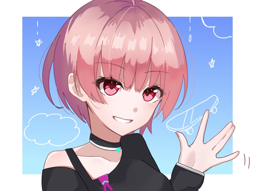 1girl ahoge blue_background border choker collarbone commentary_request e69465 grin heaven_burns_red long_sleeves ooshima_minori portrait red_eyes red_hair short_hair smile solo teeth two-tone_choker white_border