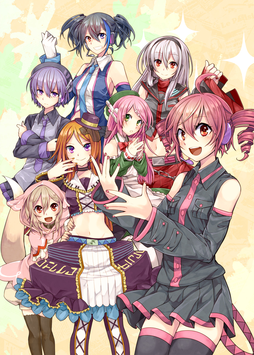1boy 6+girls ahoge apron beret black_hairband black_hat black_sailor_collar black_shirt black_skirt blue_eyes blue_necktie bow bowtie brown_thighhighs closed_mouth cowboy_shot crossed_arms detached_sleeves dress drill_hair green_dress green_hat grey_vest hairband hand_up hands_up hat headphones headset heterochromia highres hood hoodie kasane_teto kasane_teto_(utau) long_hair long_sleeves looking_at_viewer male_with_breasts momone_momo multicolored_hair multiple_girls namine_ritsu navel necktie open_mouth ouka_miko pink_bow pink_bowtie pink_eyes pink_hair pink_hoodie pleated_skirt purple_dress purple_eyes purple_hair purple_necktie red_eyes robot_ears sailor_collar shirt sidelocks skirt smile streaked_hair sukone_tei thighhighs toudou_charo trap twin_drills twintails utane_uta utau very_long_hair vest white_apron white_hair yokune_ruko