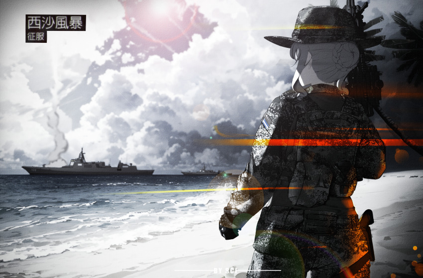 1girl absurdres beach boonie_hat camouflage camouflage_headwear camouflage_jacket camouflage_pants chinese_text destroyer digital_camouflage from_behind grey_hair gun hair_bun handgun hat highres holster holstered jacket lens_flare looking_afar military_hat military_uniform military_vehicle missile_trail original palm_tree pants people&#039;s_liberation_army people&#039;s_liberation_army_navy pistol qbz-191 sci_(31134306) ship shore soldier thigh_strap translation_request tree type_052_destroyer vertical_launching_system_(vls) vhs_artifacts warship watercraft weapon