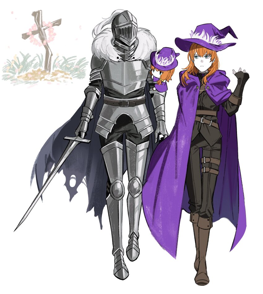2boys absurdres armor asdf1211950 black_gloves black_pants black_shirt black_souls blue_eyes boots brown_footwear cape closed_mouth dorothy_(black_souls) fingerless_gloves full_armor full_body fur_collar gauntlets genderswap genderswap_(ftm) gloves grave grey_cape grimm_(black_souls) head_wreath helmet highres holding holding_sword holding_weapon long_hair long_sleeves looking_to_the_side multiple_boys orange_hair pants purple_cape recursive_genderswap shirt sidelocks simple_background sword weapon white_background