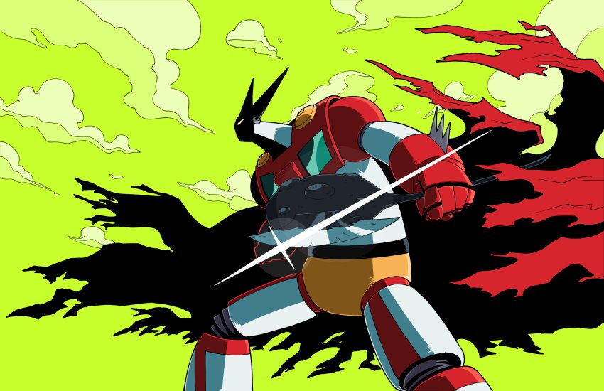 absurdres axe character_request clenched_hand cropped_legs getter_robo green_background highres holding holding_axe holding_mace holding_weapon horns kawoshiki looking_to_the_side mace mecha mecha_focus no_humans robot weapon