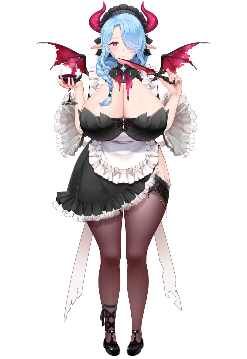 1girl absurdres animal_ears apron black_dress black_nails black_shoes blue_hair braid breasts bright_pupils cleavage closed_mouth cow_ears cow_girl cow_horns cow_tail cream_cod cup dress drinking_glass frilled_apron frilled_dress frills hair_over_one_eye hair_over_shoulder hair_tubes highres holding holding_cup holding_knife horns huge_breasts indie_virtual_youtuber knife long_hair maid maid_headdress miilkywayz mole mole_on_breast mole_under_mouth official_alternate_eye_color official_art pink_eyes pink_horns shoes single_hair_tube smile solo tachi-e tail thighhighs transparent_background virtual_youtuber white_apron wings