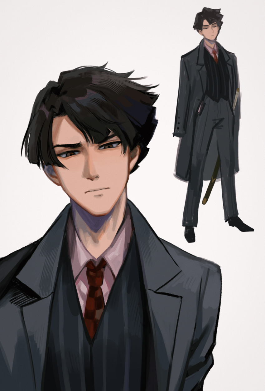 1boy absurdres ace_attorney black_coat black_hair black_pants black_shoes black_vest brown_eyes checkered_necktie chinese_commentary closed_mouth coat coat_on_shoulders collared_shirt commentary_request hands_in_pockets highres kaze_(yznyttdgs) kazuma_asogi male_focus multiple_views necktie pants pink_shirt red_necktie shirt shoes short_hair simple_background striped_clothes striped_vest the_great_ace_attorney vertical-striped_clothes vertical-striped_vest vest white_background