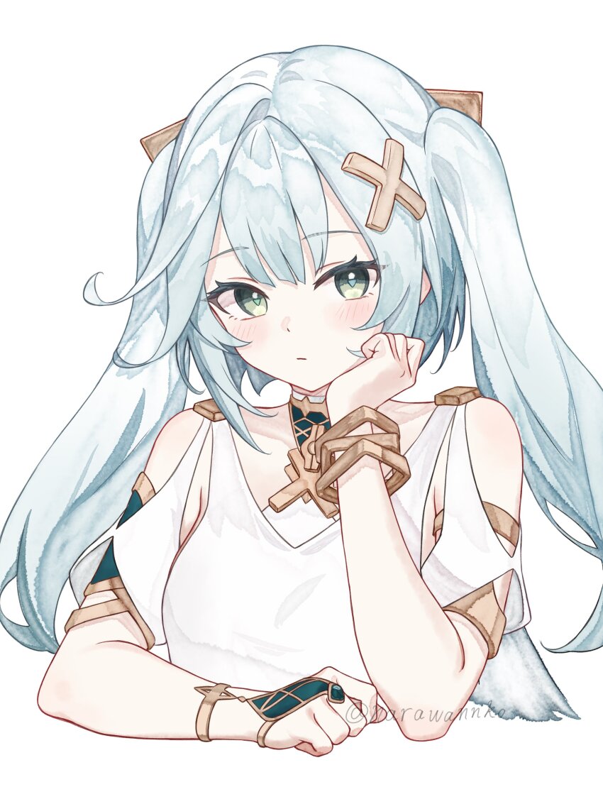 1girl absurdres aqua_hair blush breasts closed_mouth dress faruzan_(genshin_impact) genshin_impact green_eyes hair_between_eyes hair_ornament highres long_hair looking_at_viewer medium_breasts narawannko solo symbol-shaped_pupils triangle-shaped_pupils twintails white_background white_dress white_hair x_hair_ornament