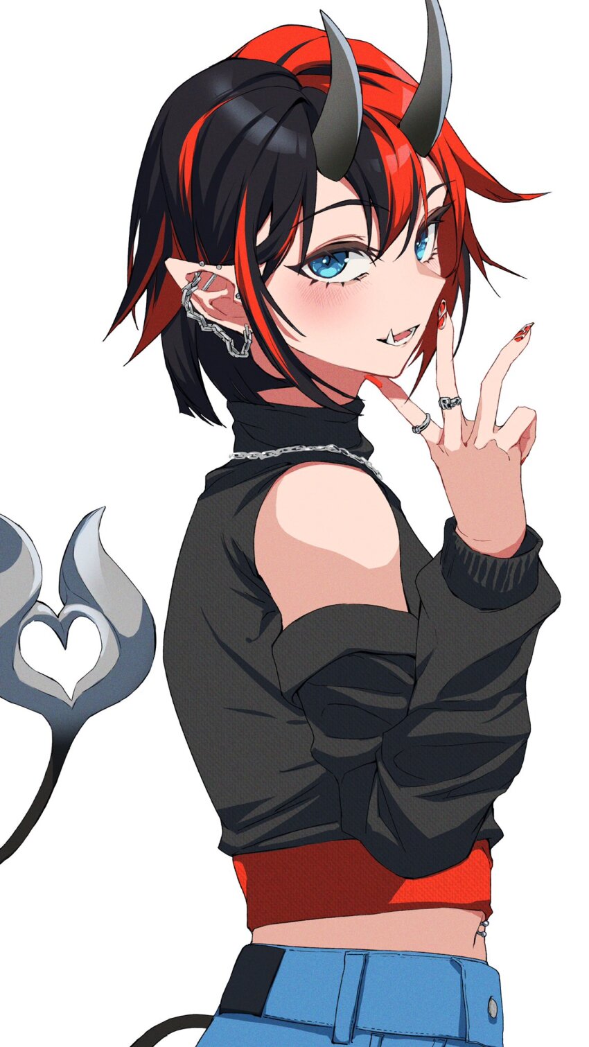 1girl alternate_costume black_hair black_shirt blue_eyes blue_pants blush chain chain_necklace clothing_cutout commentary_request crop_top demon_girl demon_horns demon_tail ear_chain ear_piercing earrings fingernails from_side gin_(tttetu123) hair_between_eyes highres horns jewelry linked_piercing long_sleeves looking_at_viewer looking_to_the_side multicolored_hair multiple_rings nanashi_inc. navel navel_piercing necklace open_mouth pants piercing pointy_ears red_hair red_nails ring ryugasaki_rene shirt short_hair shoulder_cutout simple_background smile solo stud_earrings tail two-tone_hair upper_body virtual_youtuber white_background