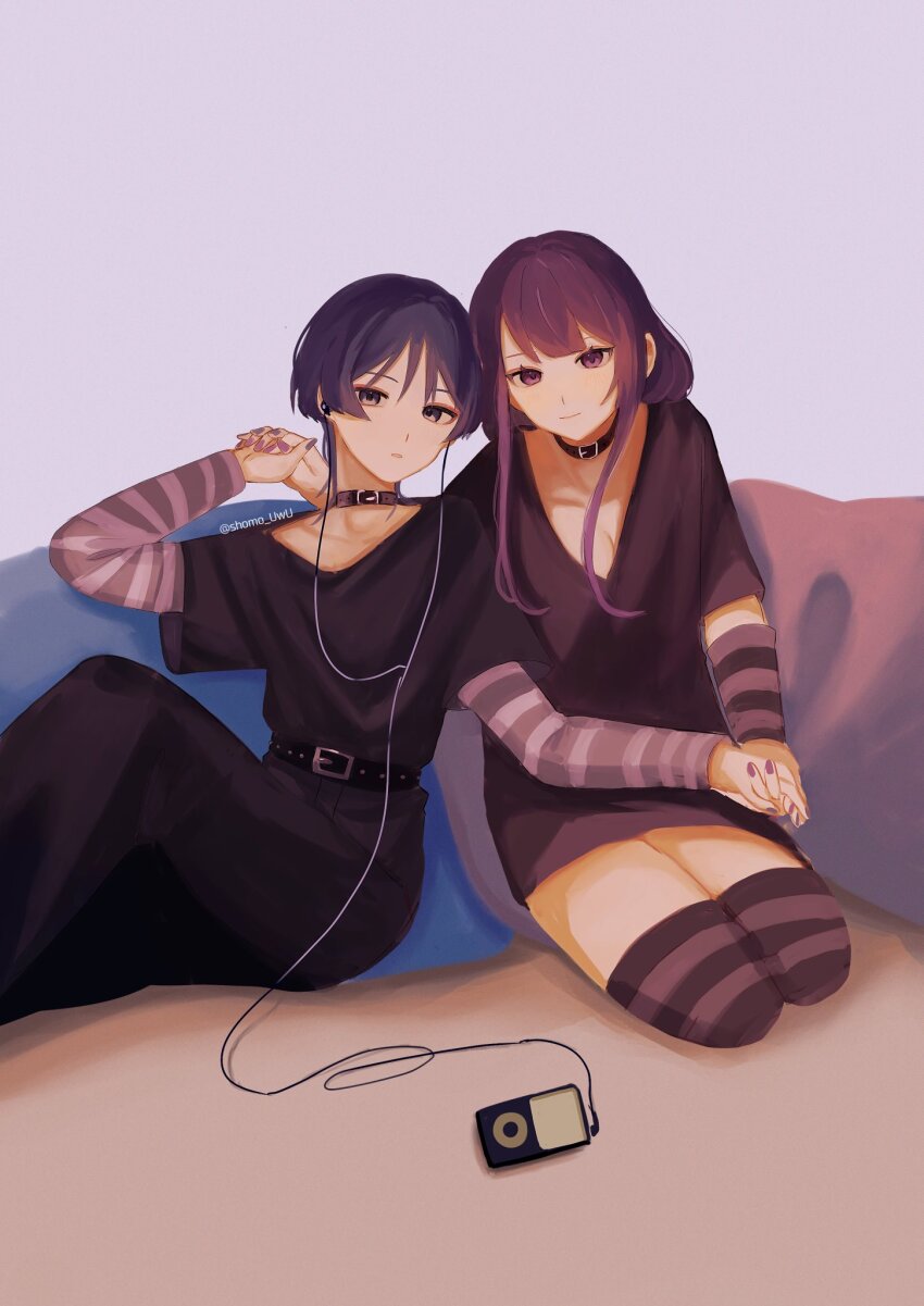1boy 1girl alternate_costume belt belt_buckle belt_collar black_belt black_collar black_eyes black_pants black_shirt breasts buckle casual cleavage closed_mouth collar collarbone contemporary digital_media_player digital_walkman earphones eyelashes eyeliner eyeshadow genshin_impact hand_up highres holding_hands long_hair looking_at_viewer makeup mother_and_son naked_shirt pants parted_lips purple_eyes purple_hair purple_nails raiden_shogun red_eyeliner red_eyeshadow scaramouche_(genshin_impact) shirt shomo_uwu sidelocks sitting smile striped_arm_warmers striped_clothes striped_thighhighs swept_bangs thighhighs tsurime twitter_username walkman white_mouth wispy_bangs yokozuwari