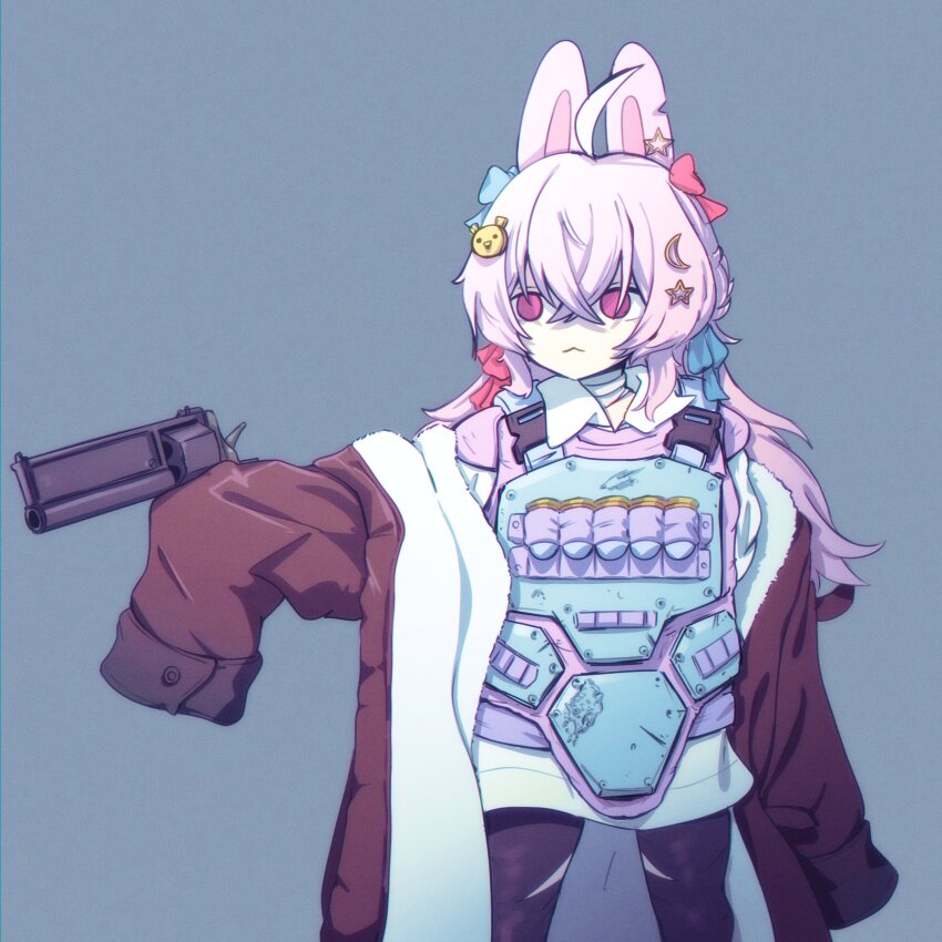 1girl absurdres ahoge animal_ears black_pantyhose blue_bow body_armor bow brown_coat closed_mouth coat crescent crescent_hair_ornament crossed_bangs grey_background gun h@nk hair_bow hair_ornament handgun highres holding holding_gun holding_weapon long_hair low_bore_axis_revolver open_clothes open_coat pantyhose phase_connect pink_bow pink_eyes pipkin_pippa rabbit_ears rabbit_girl revolver sleeves_past_fingers sleeves_past_wrists solo star_(symbol) star_hair_ornament virtual_youtuber weapon