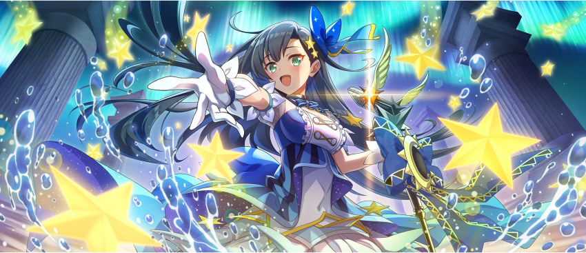 1girl armpits aurora bare_shoulders black_hair blue_dress blue_ribbon breasts detached_collar dress game_cg gloves green_eyes hair_ornament hair_ribbon highres kono_subarashii_sekai_ni_shukufuku_wo! konosuba!_fantastic_days lia_(konosuba) light_blush long_hair medium_breasts microphone official_art reaching reaching_towards_viewer ribbon sleeveless sleeveless_dress solo splashing star_(sky) star_(symbol) water white_gloves