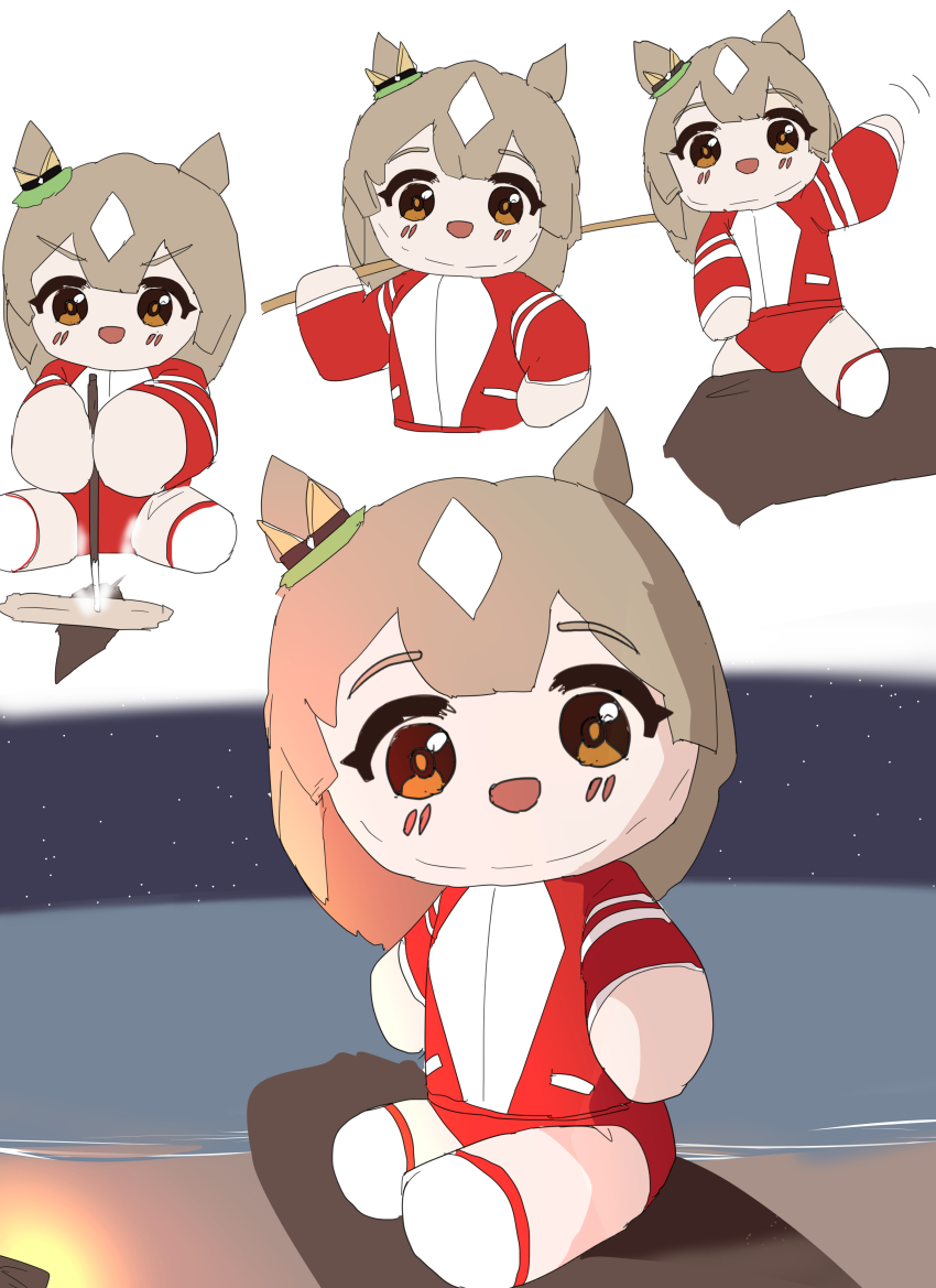 1girl absurdres animal_ears beach brown_eyes brown_hair buruma character_doll commentary_request doll doqute_stuffed_doll gryebooks hair_between_eyes highres horse_ears horse_girl jacket looking_at_viewer ocean satono_diamond_(umamusume) sitting solo stick stuffed_toy track_jacket umamusume