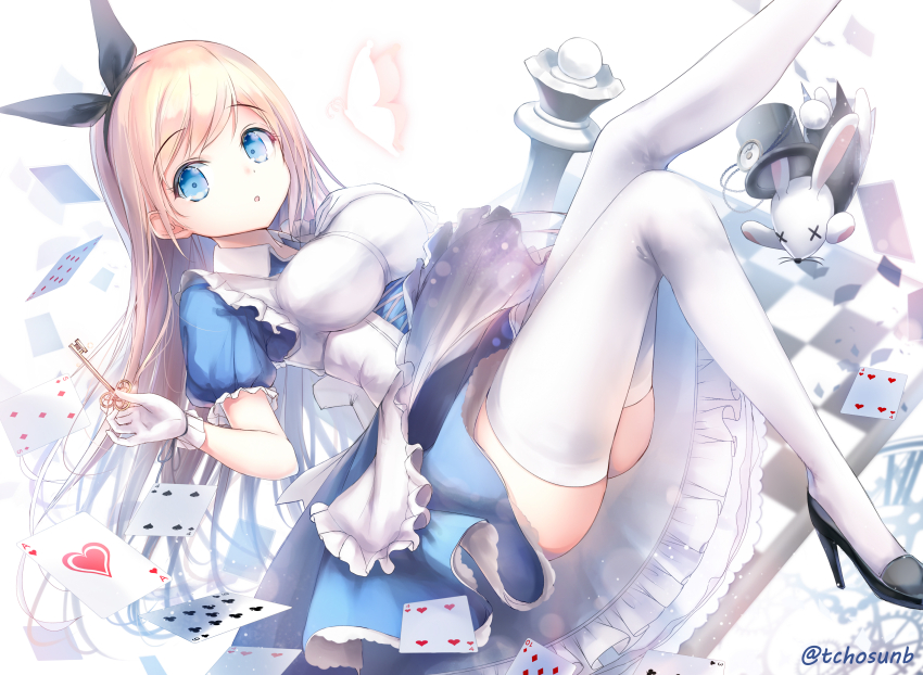 1girl absurdres ace_(playing_card) ace_of_hearts alice_(alice_in_wonderland) alice_in_wonderland blonde_hair blue_eyes bug butterfly card chess_piece chessboard chosunbe hair_ornament hat heart high_heels highres insect key long_hair open_mouth playing_card rabbit thighhighs top_hat white_thighhighs