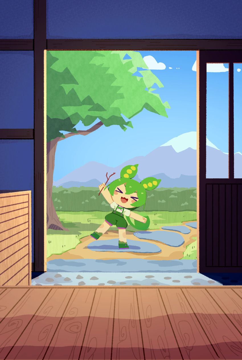 &gt;_&lt; 1girl architecture arm_up blue_sky blush branch cloud commentary day doorway east_asian_architecture from_inside green_hair green_shoes green_shorts highres holding holding_branch konohoshi mountain open_door open_mouth shirt shoes short_sleeves shorts sky sliding_doors smile solo standing suspender_shorts suspenders symbol-only_commentary tree voicevox white_shirt wide_shot wooden_floor zundamon