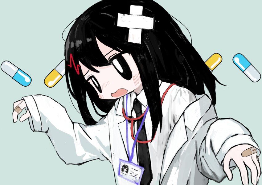 1girl absurdres bandaid bandaid_on_hand bandaid_on_head black_eyes black_hair black_necktie blush bright_pupils cardiogram commentary crossed_bandaids furrowed_brow green_background hair_ornament hands_up head_tilt highres id_card lab_coat lanyard long_hair long_sleeves looking_ahead necktie off_shoulder original pill_background shii595 shirt sleeves_past_wrists solo stethoscope symbol-only_commentary upper_body w_arms wavy_mouth white_pupils white_shirt
