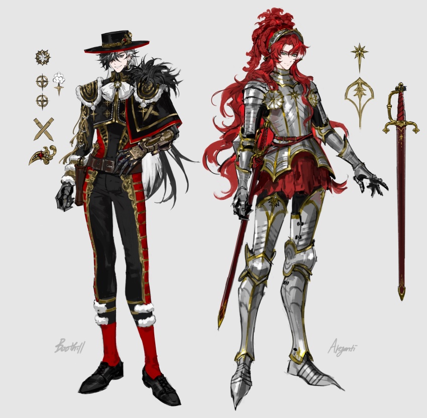 2boys absurdres alternate_costume alternate_hairstyle armor armored_boots black_capelet black_eyes black_gloves black_hair black_hat black_pants black_shirt black_shoes boots breastplate capelet character_name commentary english_commentary full_armor full_body gauntlets gloves green_eyes grey_hair hair_over_one_eye hat highres honkai:_star_rail honkai_(series) hoyofair long_hair looking_at_viewer male_focus multicolored_hair multiple_boys pants parted_lips red_hair red_socks sheath sheathed shirt shoes simple_background smile socks sword two-tone_hair very_long_hair vlfdus_0 weapon white_hair