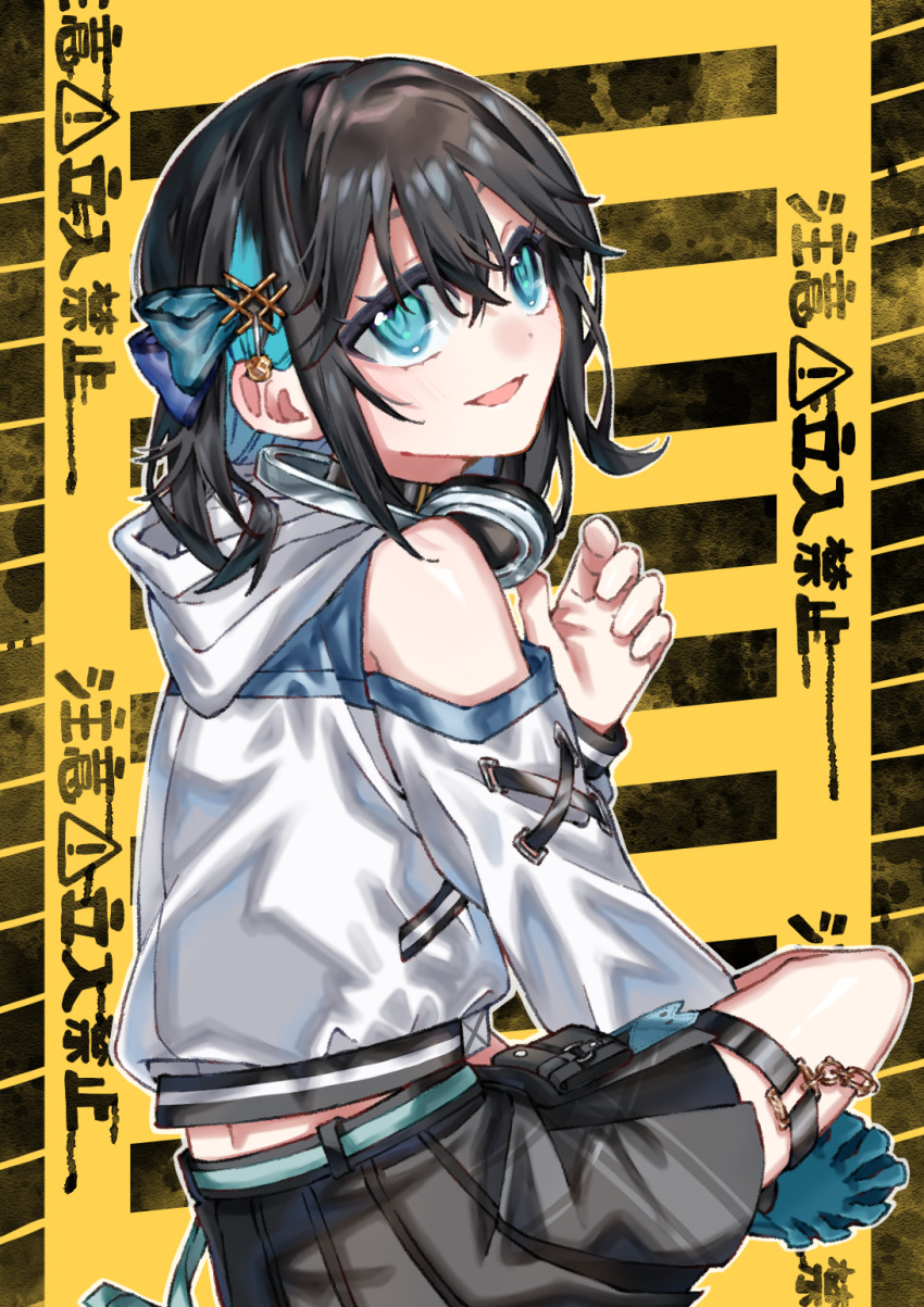1girl black_hair black_skirt blue_eyes blue_hair clothing_cutout colored_inner_hair commentary hair_ornament hand_up headphones headphones_around_neck highres hood hood_down long_sleeves looking_at_viewer looking_back medium_hair miniskirt miyamai_moca multicolored_hair parted_lips pleated_skirt shirt shoulder_cutout sitting skirt smile solo tere_douga thigh_strap voicepeak white_shirt yellow_background