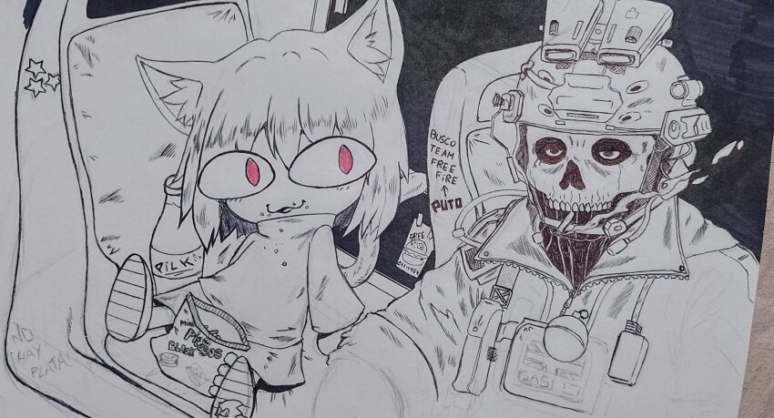 1boy 1girl absurdres animal_ears arm_support call_of_duty call_of_duty:_modern_warfare_2 cat_ears cat_girl cat_tail chasa1990 cigarette combat_helmet crossover eating explosive eye_mask ghost_(modern_warfare_2) grenade grey_scales helmet highres jacket leaning_back looking_afar looking_at_another looking_to_the_side mask military military_uniform monochrome neco-arc open_mouth shoes sitting skirt skull_mask smoking sneakers spanish_text sweater tail traditional_media translated tsukihime upper_body