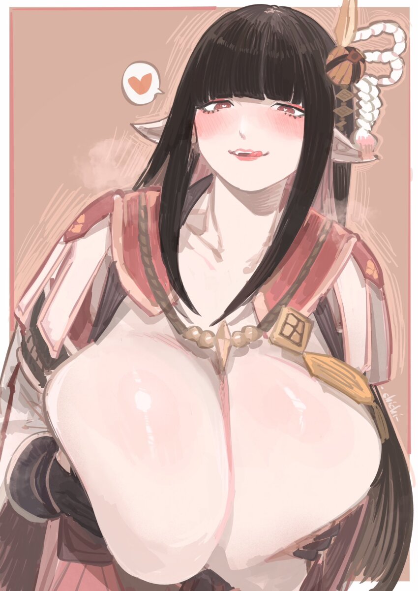 1girl arms_under_breasts black_gloves black_hair blunt_bangs blush breast_lift breasts breasts_out breasts_squeezed_together chichi8181 cleavage gloves hair_ornament heart heart-shaped_pupils highres hime_cut hinoa huge_breasts japanese_clothes licking_lips lips long_hair monster_hunter_(series) monster_hunter_rise parted_lips partially_fingerless_gloves pointy_ears red_eyes solo spoken_heart straight_hair symbol-shaped_pupils tongue tongue_out