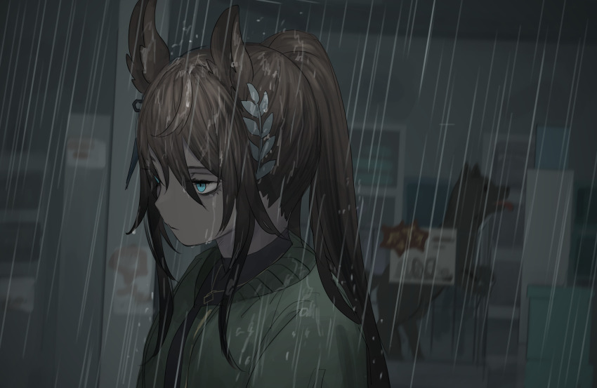 1girl animal_ears aqua_eyes black_hair black_shirt blue_eyes brown_hair closed_mouth collared_shirt earrings green_jacket hair_between_eyes hair_ornament highres horse_ears horse_girl jacket jewelry long_hair necktie ponytail rain shirt single_earring solo symboli_kris_s_(umamusume) tensen_(dotted_line) umamusume upper_body wet