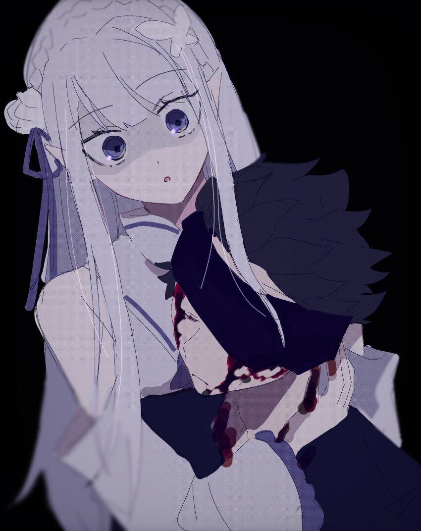 1boy 1girl bandages bandages_over_eyes black_hair blood half-elf highres natsuki_subaru purple_eyes re:zero_kara_hajimeru_isekai_seikatsu satella_(re:zero) tagme white_hair