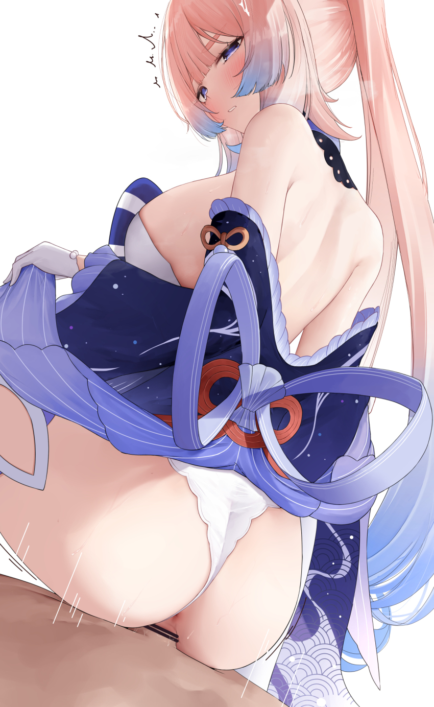 1boy 1girl ^^^ anus ass back bar_censor bare_shoulders blue_hair blush breasts censored commentary cowgirl_position from_behind genshin_impact gloves gradient_hair highres huge_breasts japanese_clothes kimono long_hair looking_back median_furrow motion_lines multicolored_hair n9at panties penis pink_hair ponytail purple_eyes purple_kimono sangonomiya_kokomi sex shell shoulder_blades simple_background solo_focus spread_legs straddling sweat thighs two-tone_hair underwear vaginal white_background white_gloves white_panties