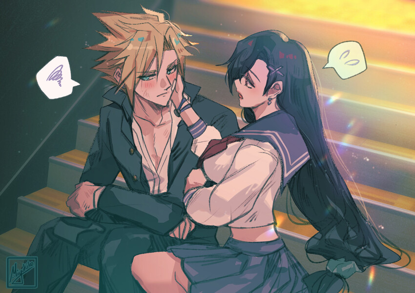 1boy 1girl averting_eyes bandaid bandaid_on_cheek bandaid_on_face black_hair black_jacket black_pants blonde_hair blue_sailor_collar blue_scrunchie blue_skirt blush bracelet breasts bruise bruise_on_face bruise_on_hand closed_mouth cloud_strife cloud_strife_(midgard_seventh_high_school) collarbone commentary couple earrings embarrassed english_commentary feet_out_of_frame final_fantasy final_fantasy_vii final_fantasy_vii_ever_crisis gakuran hair_ornament hair_scrunchie hairclip hand_on_another&#039;s_cheek hand_on_another&#039;s_face injury jacket jewelry large_breasts long_hair long_sleeves looking_at_another miyukiko neckerchief official_alternate_costume open_clothes open_jacket open_mouth pants pleated_skirt red_neckerchief sailor_collar school_uniform scrunchie serafuku shirt short_hair sitting sitting_on_stairs skirt spiked_hair spoken_squiggle spoken_sweatdrop squiggle stairs sweatdrop tifa_lockhart tifa_lockhart_(midgard_seventh_high_school) very_long_hair white_serafuku white_shirt