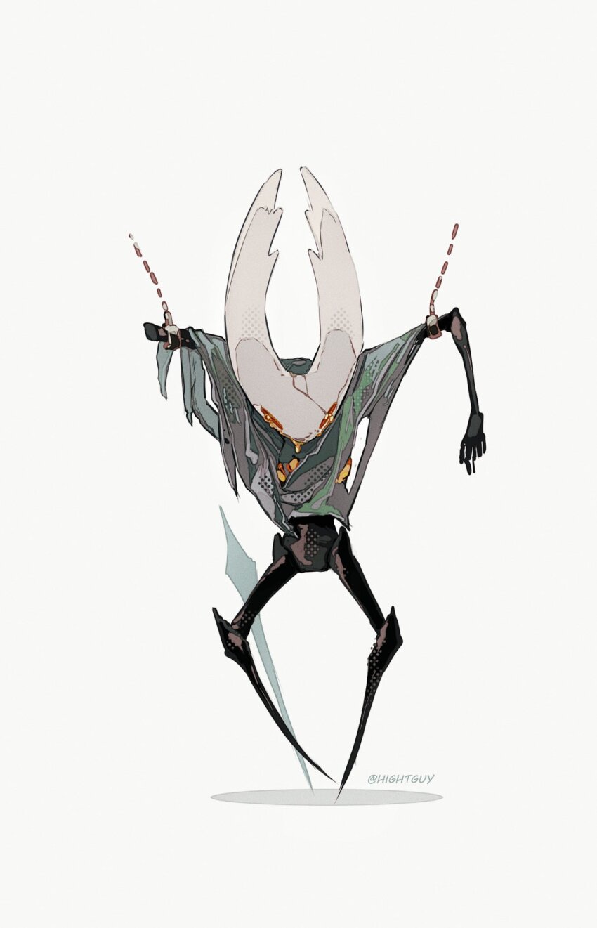 1other artist_name chain chained check_commentary chinese_commentary commentary_request grey_cloak halftone hanging highres hightguy hollow_knight hollow_knight_(character) horns liquid missing_limb nail_(hollow_knight) orange_eyes other_focus shadow solo weapon white_background