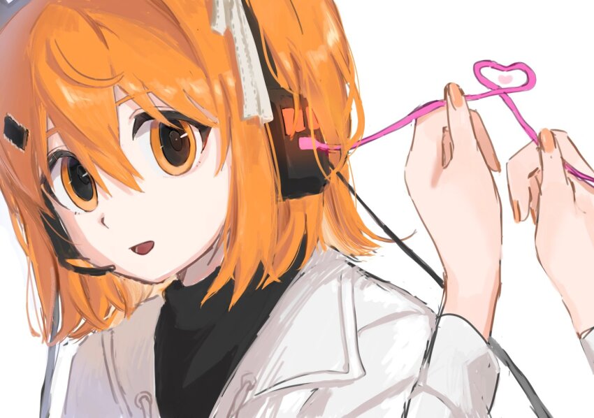 2girls a.i._voice adachi_rei black_shirt cable charan_(4963_nkym) headset heart holding holding_cable jacket long_sleeves looking_at_viewer medium_hair multiple_girls orange_eyes orange_hair out_of_frame portrait shirt simple_background smile tying utau white_background white_jacket yuri