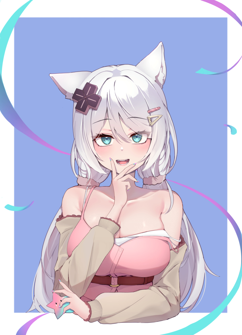 1girl absurdres animal_ears bare_shoulders belt blue_eyes blush breasts cleavage collarbone cropped_torso fake_nails fangs fox_ears hand_up highres large_breasts long_hair long_sleeves looking_at_viewer meridian_project mizuki_(vtuber) multicolored_nails nail_polish o-ring open_mouth ru_yan sanpaku simple_background smile solo star_(symbol) strap_slip swept_bangs twintails upper_body virtual_youtuber white_hair